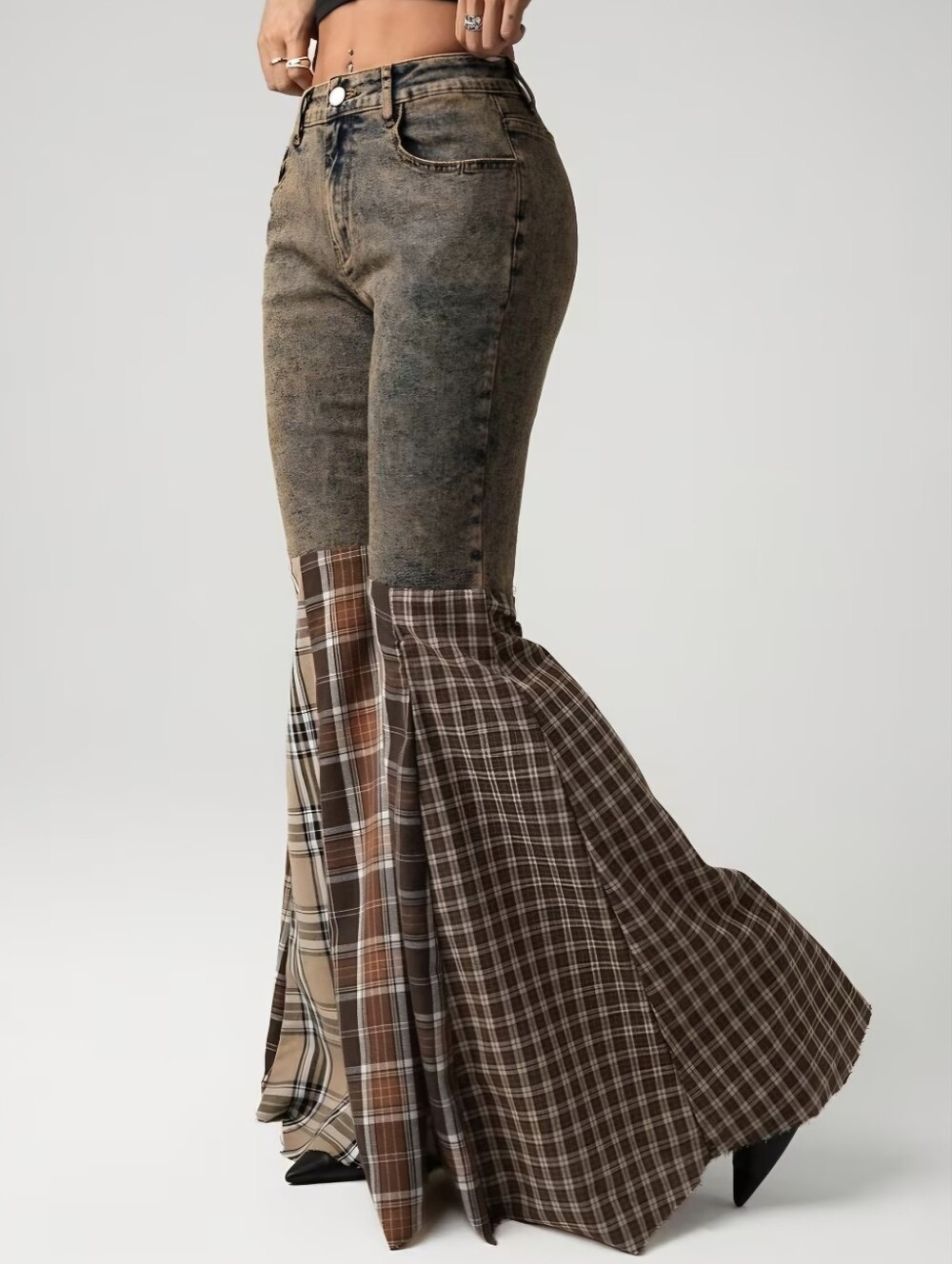 Women's Plaid Patchwork Flared Jeans